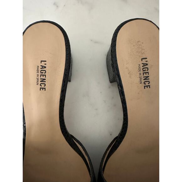 L’agence Black Embossed Leather Open Toe Block Heel Slip On Sandals - Picture 3 of 10